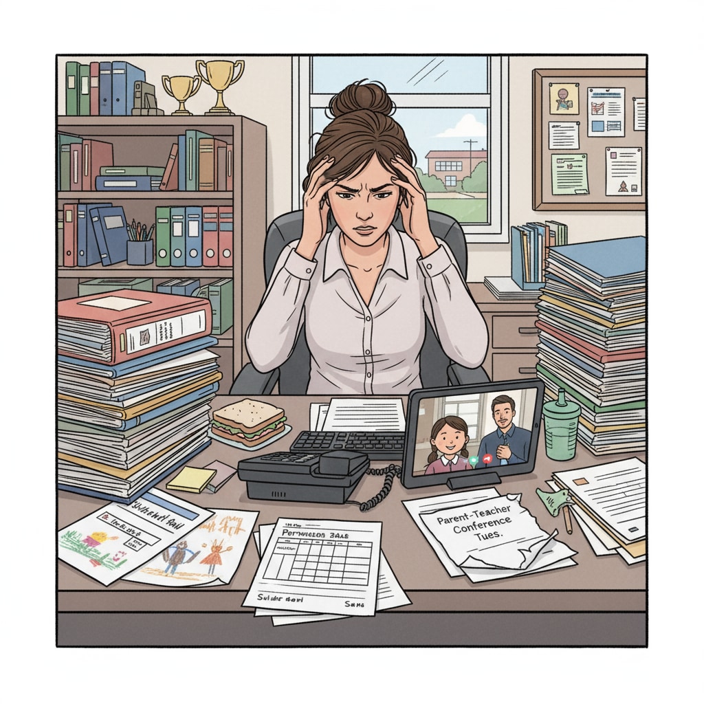 A stressed school administrative assistant handling work and family - related matters at her desk