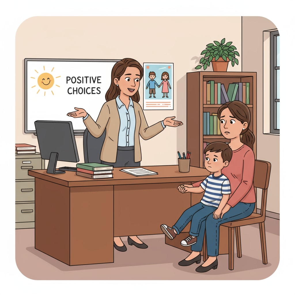 A teacher dealing with a misbehaving child and a concerned parent in a school office