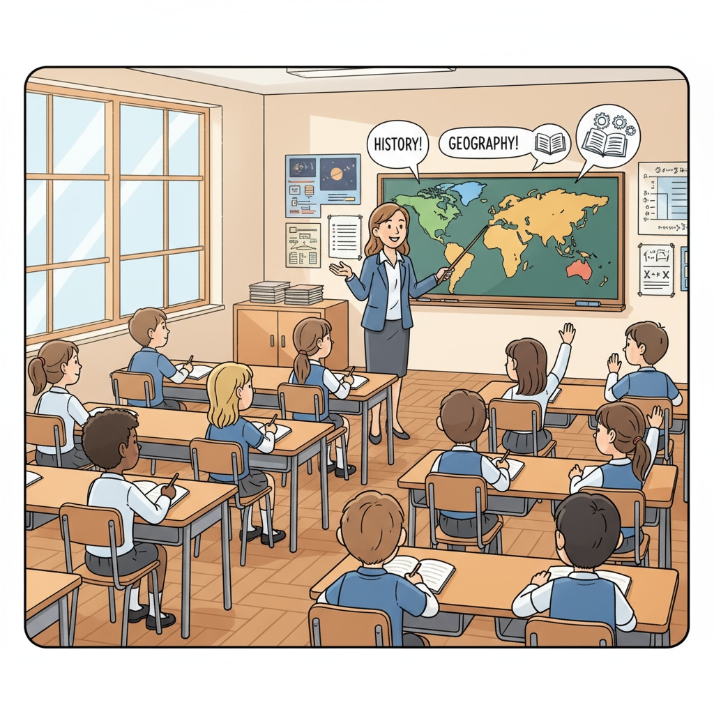 A classroom scene where students are sitting at their desks, looking at the teacher at the front who is giving a lecture. All students seem to be paying close attention. Students attentively listening to a lecture in a classroom related to lectures, attention, and self-directed learning