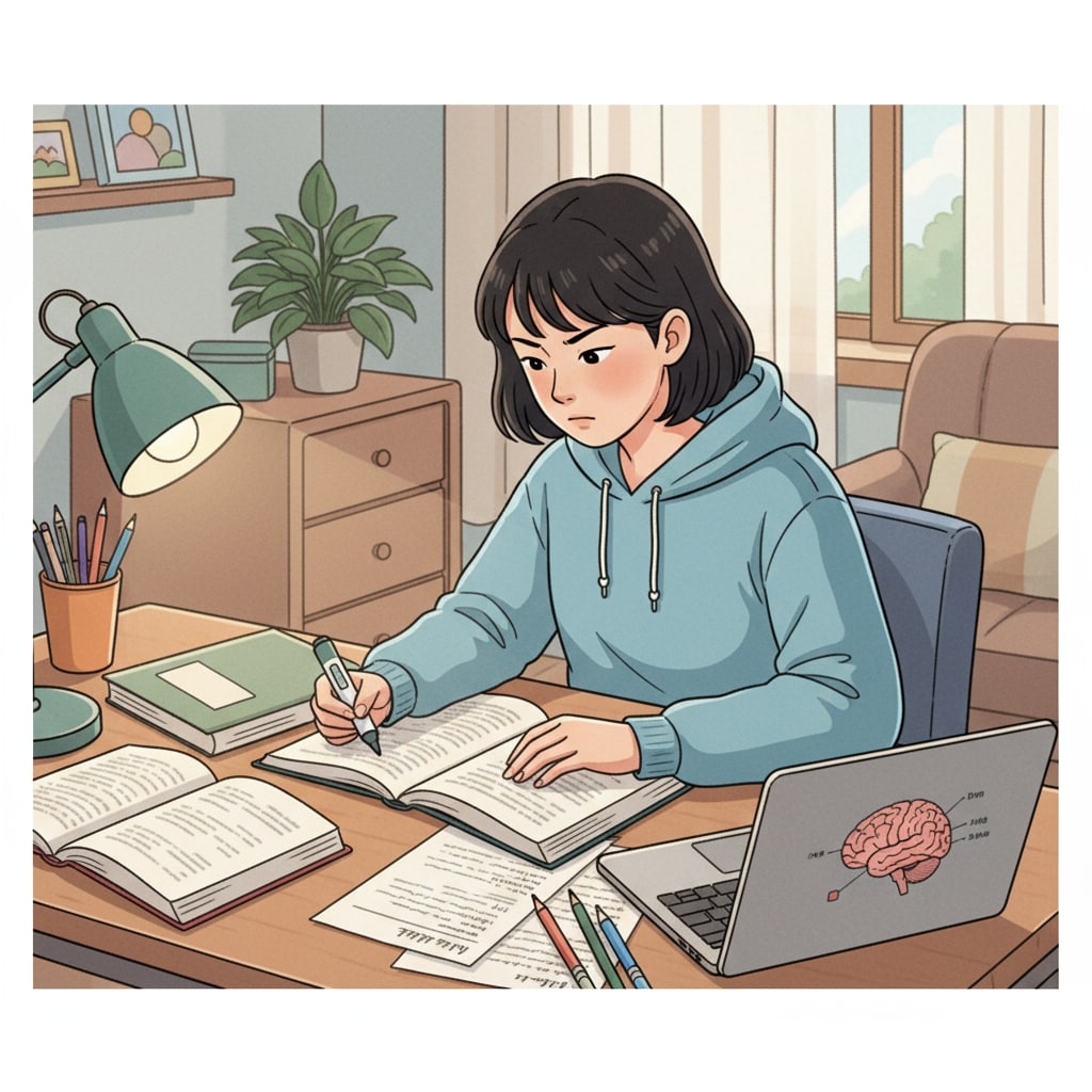 A young student is sitting at a desk in a quiet room at home. There are books and a laptop open in front of the student, who is concentrating on studying. A student engaged in self-directed learning at home related to lectures, attention, and self-directed learning