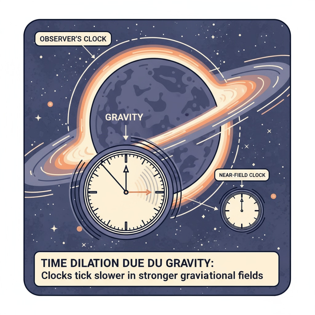 An illustration depicting a clock in the vicinity of a large, massive object. The hands of the clock are moving at a different rate than a normal clock, symbolizing time dilation caused by gravity. An illustration of time dilation due to gravity in relation to everyday life and time bending concept.