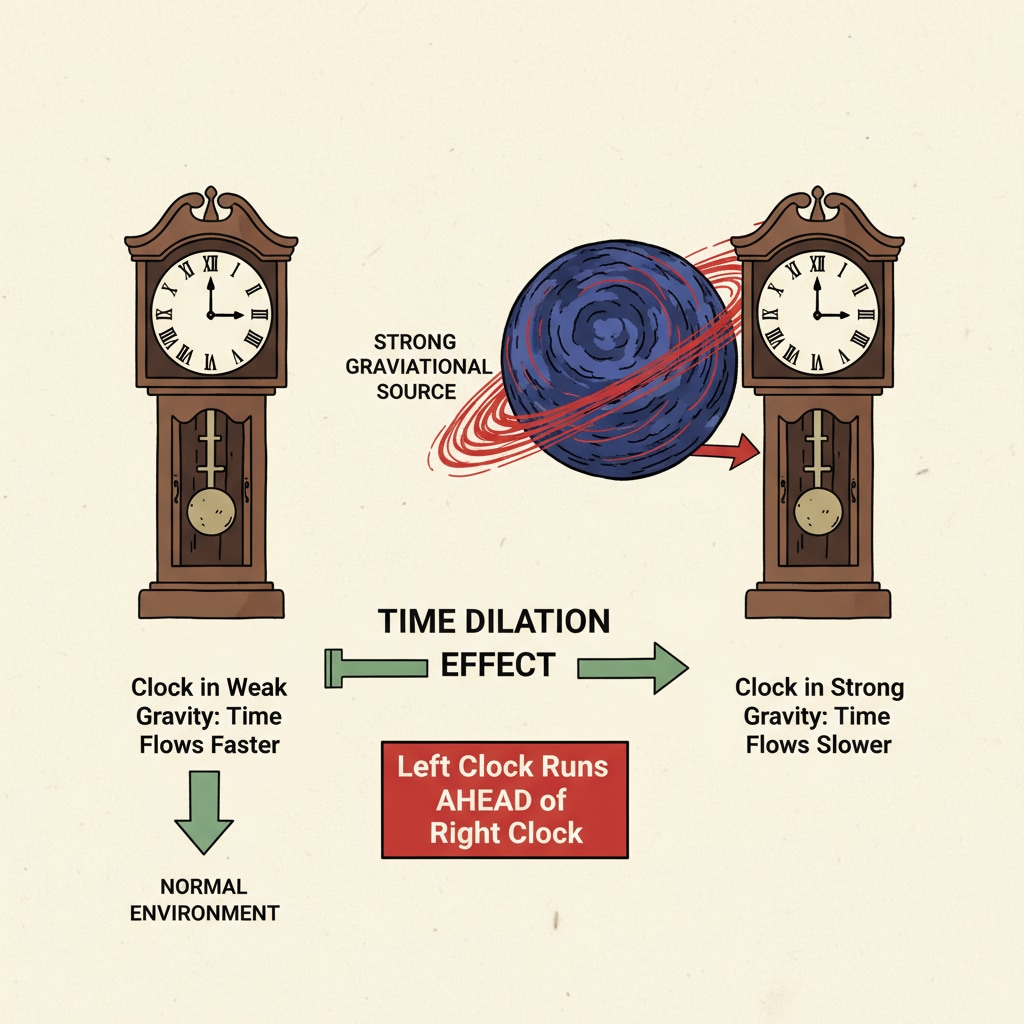 A diagram presenting a side-by-side comparison of a clock in a regular environment and a clock close to a significant gravitational source. The difference in the timekeeping of the two clocks is clearly marked. A visual representation of how gravity affects timekeeping in everyday life and the concept of time bending.