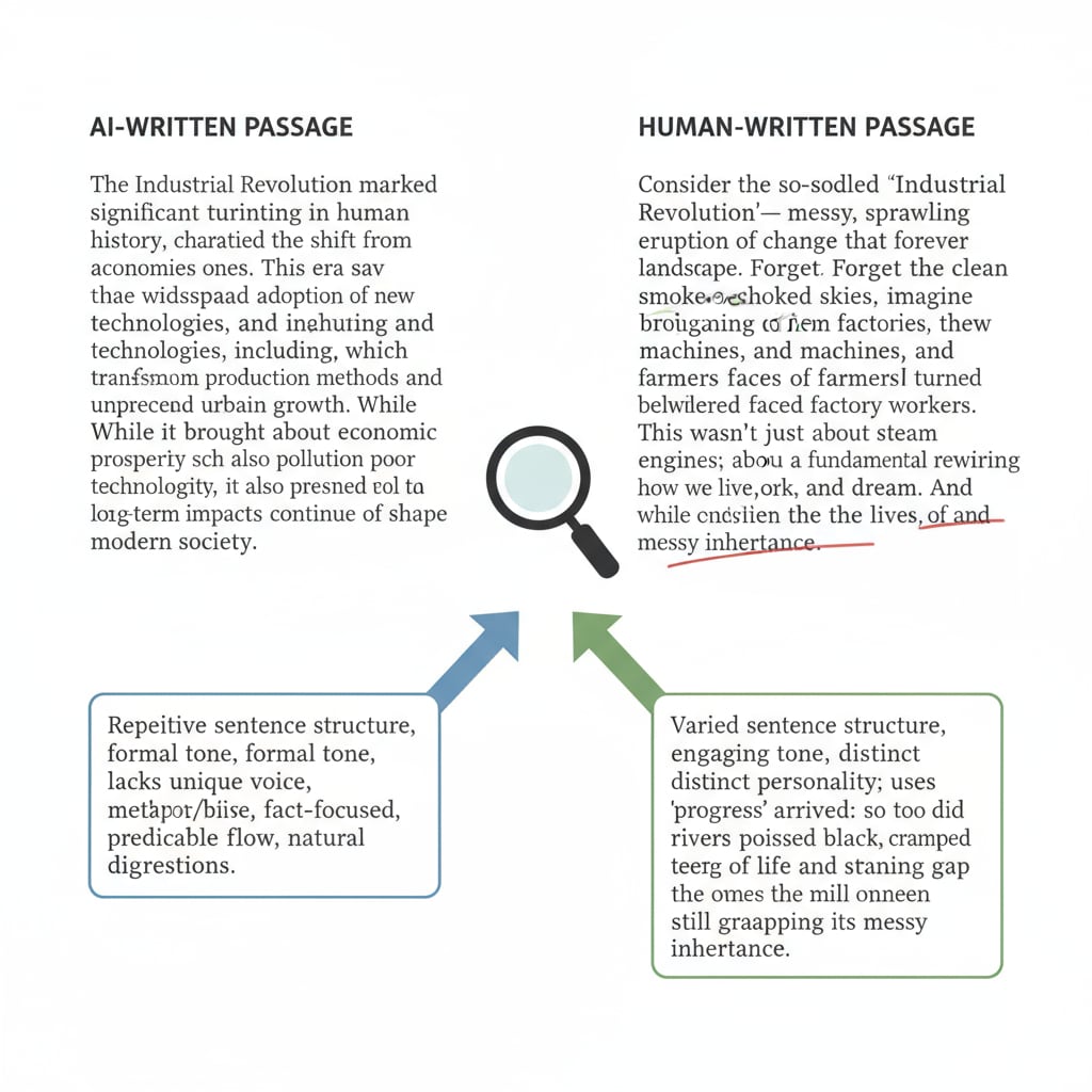 Comparison between AI-written and human-written passages related to writing authenticity, AI detection, and teaching methods