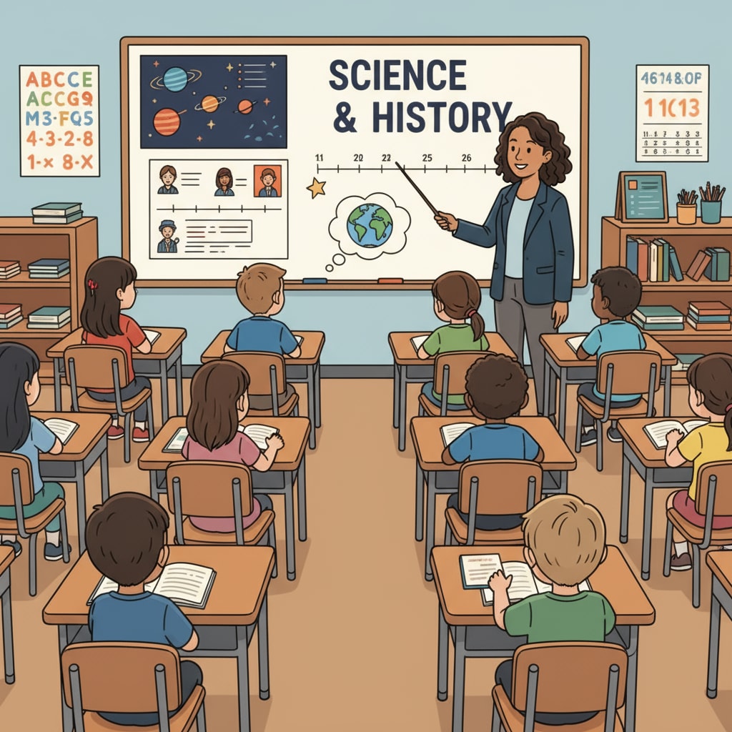 A classroom scene with students of different ethnicities sitting at desks, looking at a teacher. The teacher is standing in front of a whiteboard with some educational materials. Classroom scene showing diverse students in an American education system affected by cultural bias and in need of reform