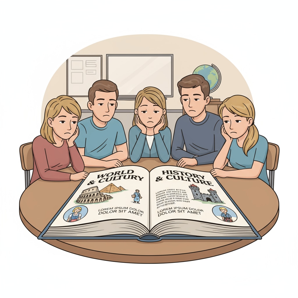 A group of students gathered around a textbook, looking somewhat disinterested. The textbook has pictures and content that seem to lack representation of diverse cultures. Group of students looking at a culturally unrepresentative textbook in the context of American education system's cultural bias and reform