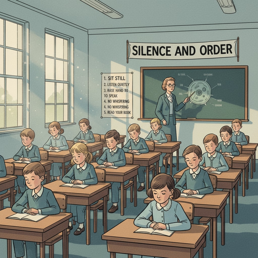 A view of an outdated classroom setup suppressing students' curiosity.