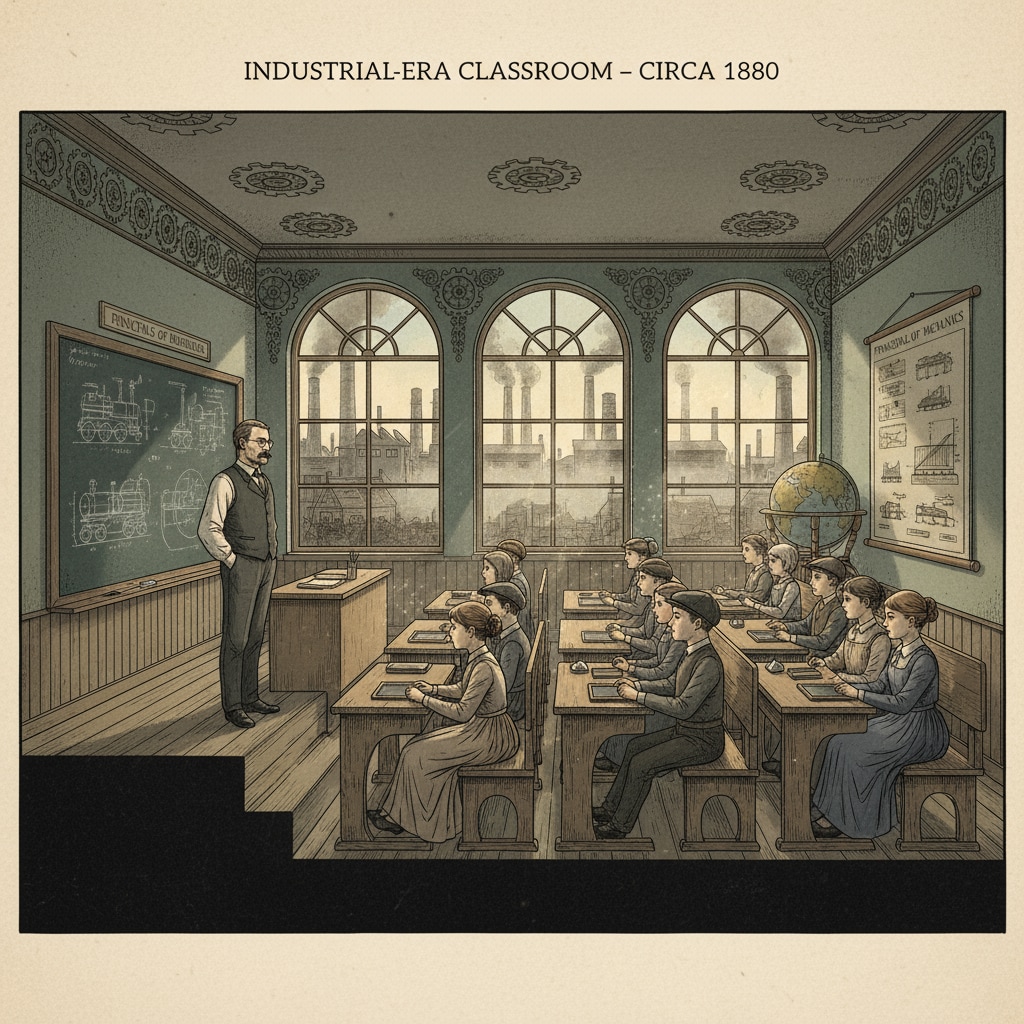 An industrial-era classroom showing the old educational setup.