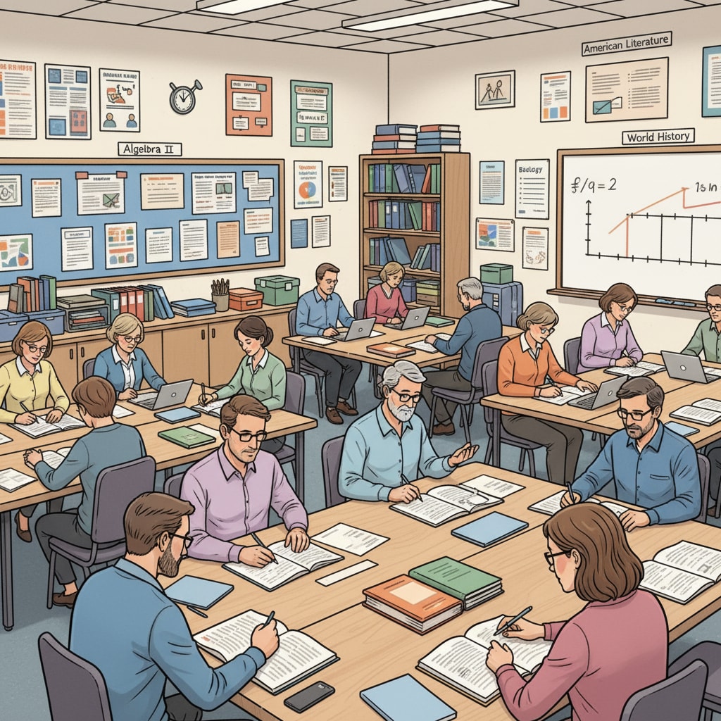 Adult learners are engaged in studying in a classroom, surrounded by textbooks and educational resources related to high school-level courses. Adult learners in a classroom setting focused on high school education for adult education, GED, HiSet, and high school diplomas