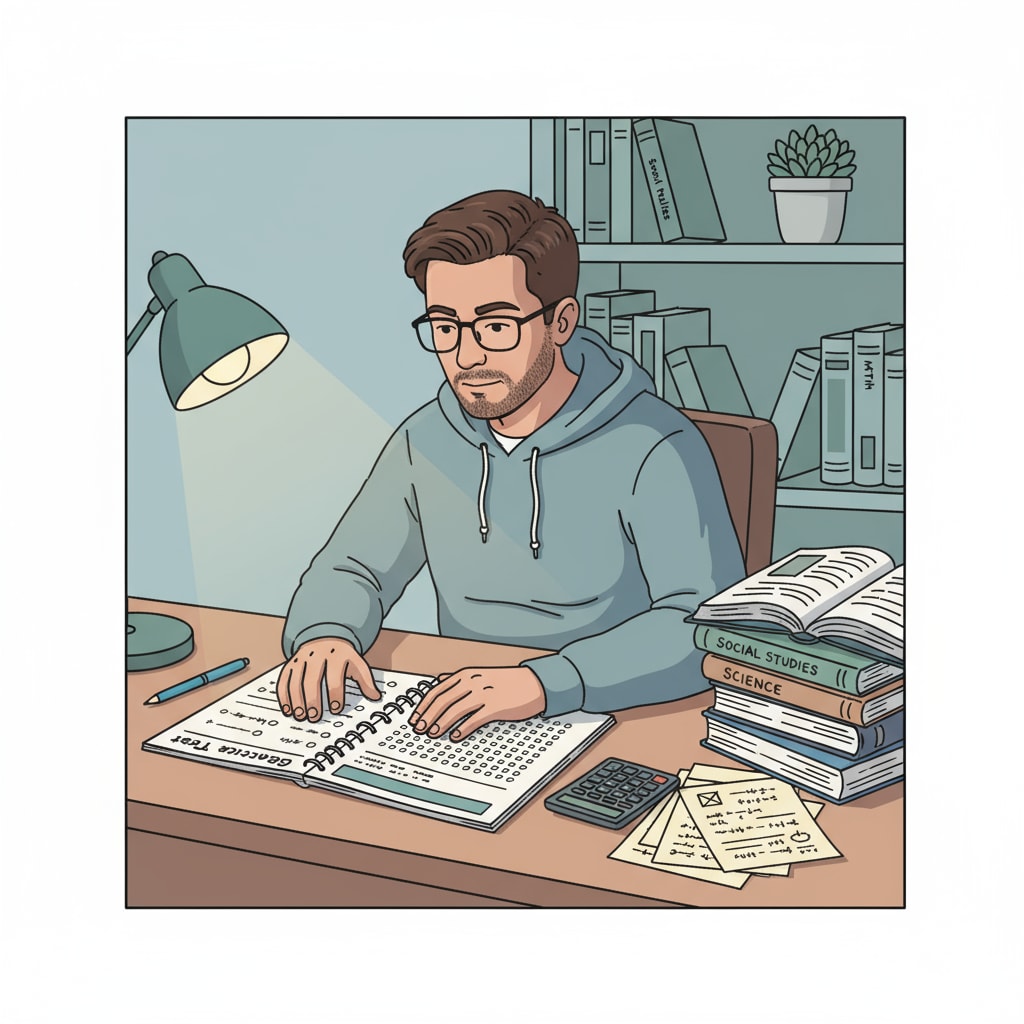 An individual is sitting at a table, concentrating on a GED practice test. There are study guides and notes beside them. A person taking a GED practice test for high school equivalency in the context of adult education, GED, HiSet, and high school diplomas