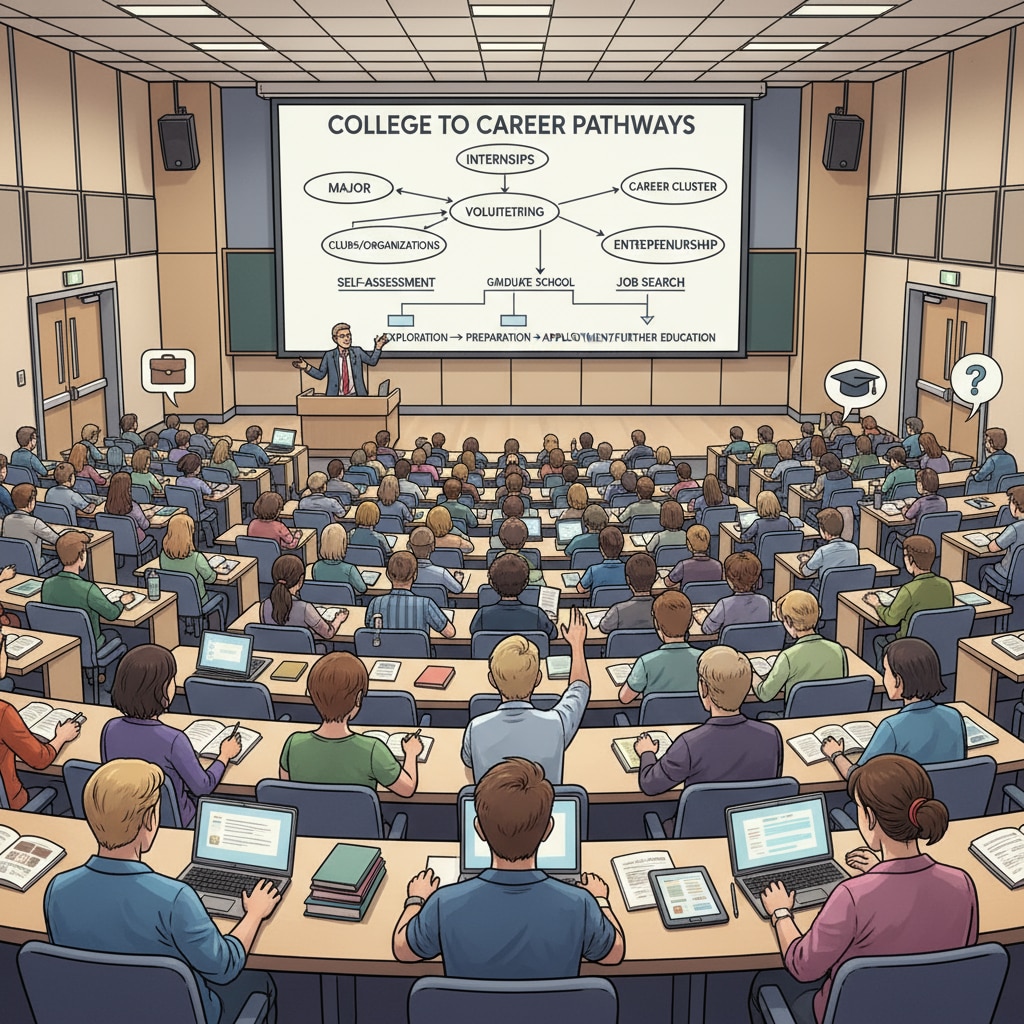Students in a college lecture hall, engaged in learning, representing the academic environment of college education related to career choices. College students in a lecture hall for education relevant to career choices, college majors, and employment prospects
