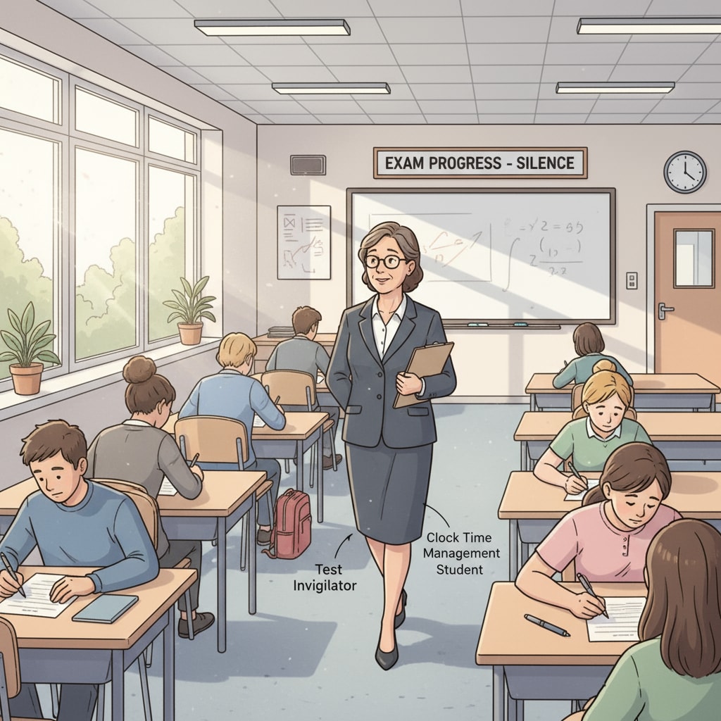 Test invigilator at work in a K12 classroom during an exam, showing work experience and relevant to job hunting.