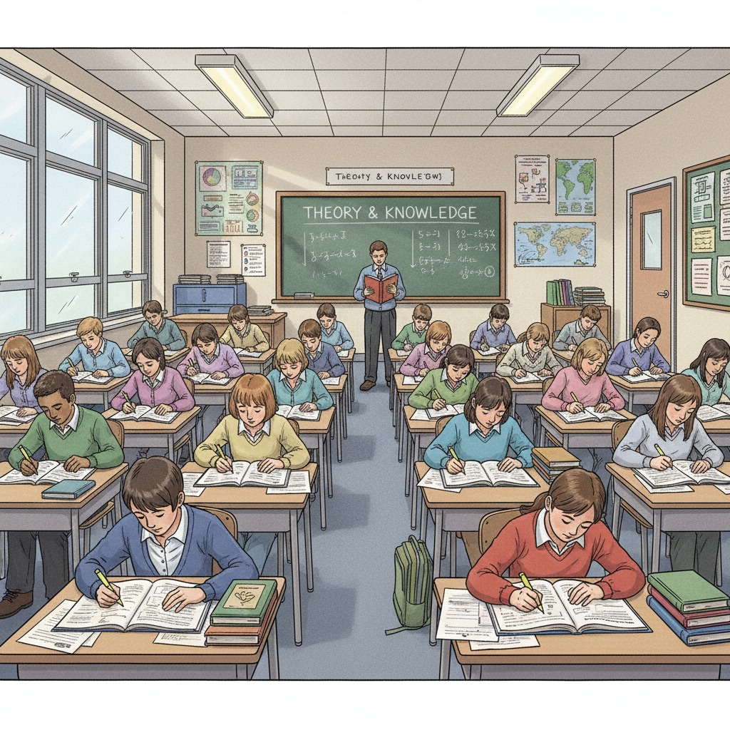 A classroom scene where students are only focused on textbooks and taking notes, showing the current overemphasis on academic knowledge in secondary education. Classroom scene highlighting the lack of soft skills focus in secondary education due to emphasis on academic knowledge and standardized tests.