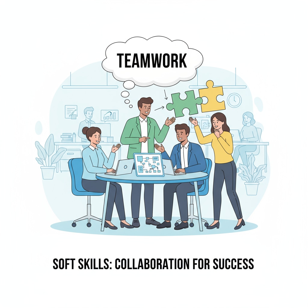 A group of young professionals working together in an office, emphasizing the importance of teamwork as a soft skill in the workplace. Group of professionals in office demonstrating the significance of teamwork, a crucial soft skill in secondary education for future careers.