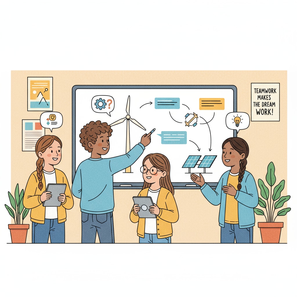 A group of middle school students collaborating on a project, showing teamwork and communication in action. Middle school students working together to develop soft skills for workplace readiness.