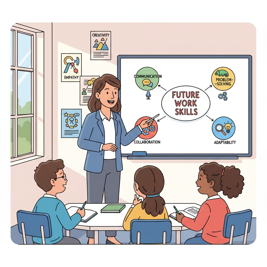 A teacher engaging with middle school students, explaining concepts related to soft skills that are important for future work. Teacher educating middle school students on soft skills for workplace preparation.