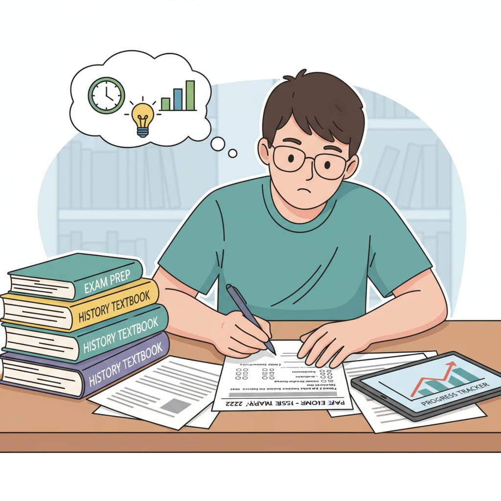 Student using past exam papers as a learning method for academic success in exam preparation