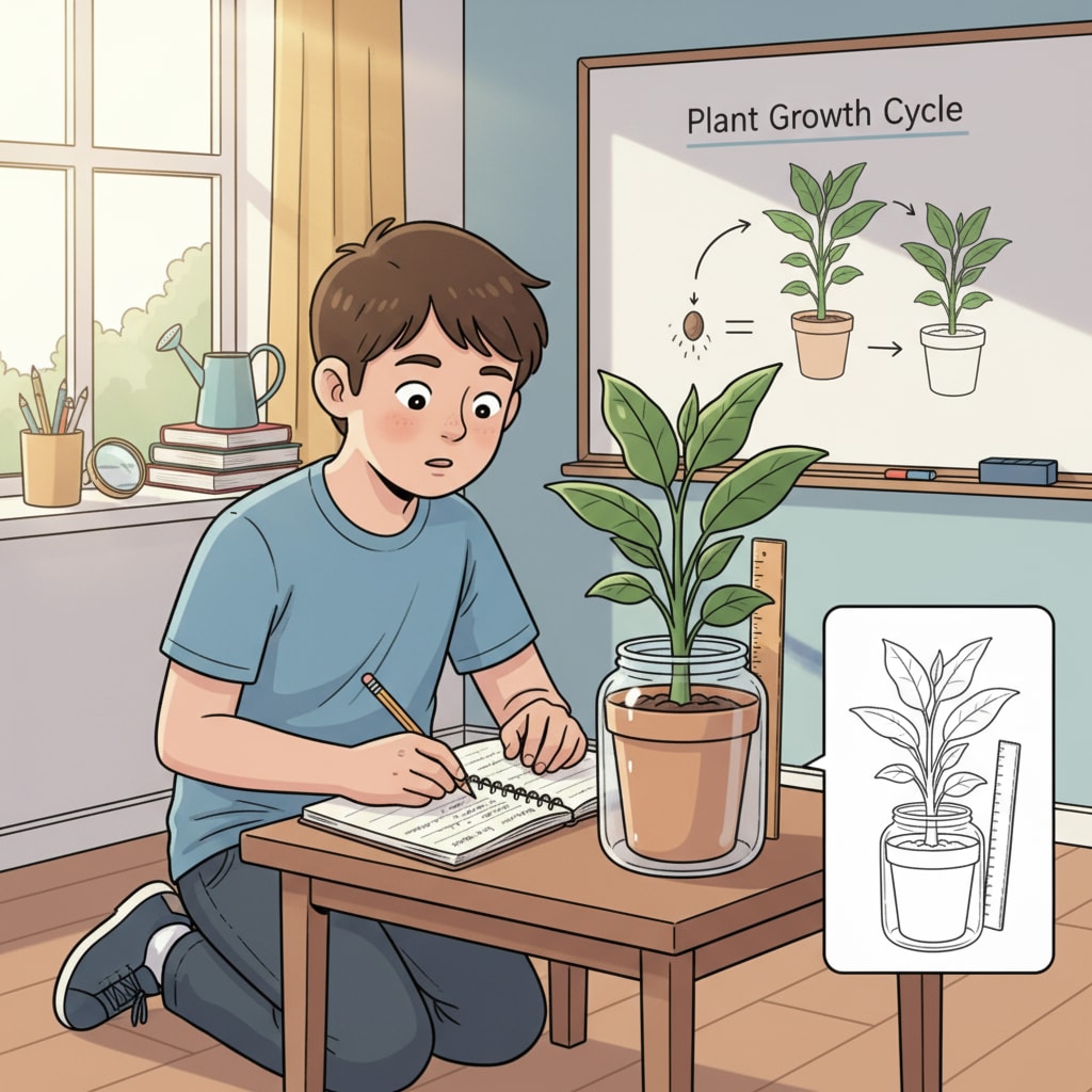 A child is carefully observing a plant in a pot during a simple science experiment. The child is focused on the plant's growth and making notes. A child conducting a plant growth experiment as part of a science fair project