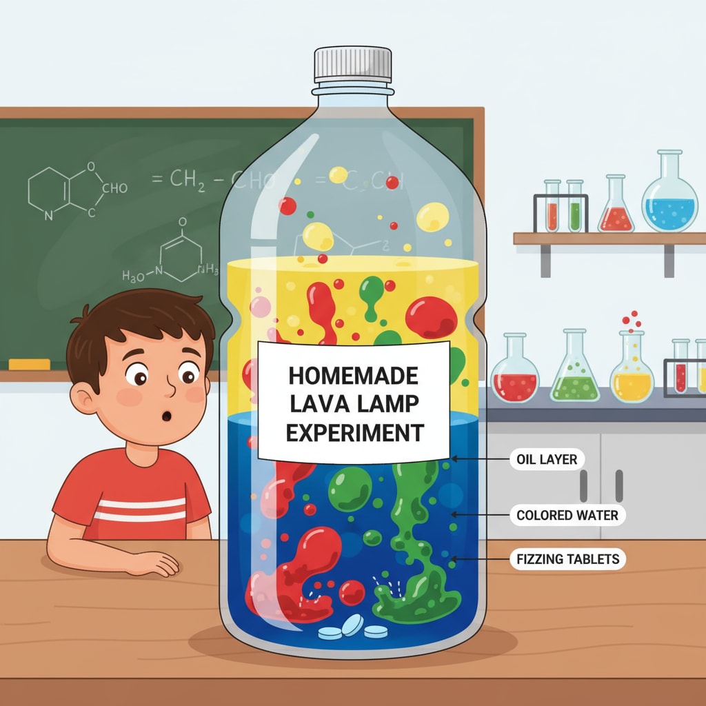 A child is observing a homemade lava lamp made with a plastic bottle, oil, water, and food coloring. The colorful bubbles are rising and falling, creating an interesting visual effect. A child exploring a homemade lava lamp experiment for a science fair