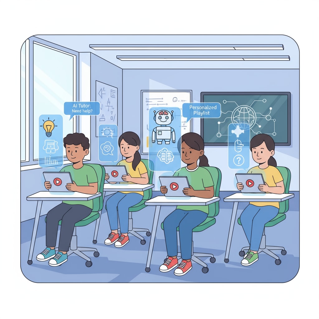 Students watching AI-supported educational videos for enhanced learning and educational equity.