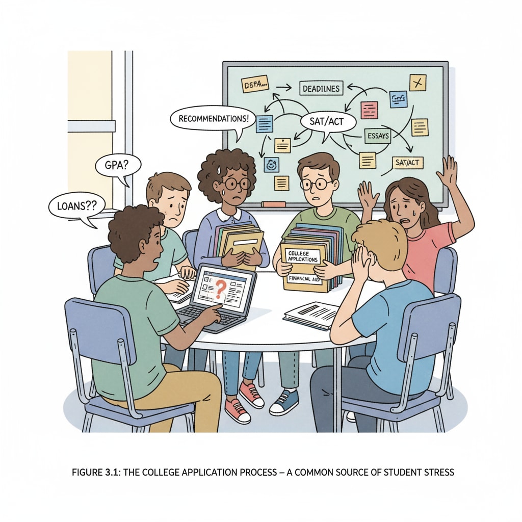 A classroom scene where students are looking concerned while discussing college applications, highlighting the stress related to the process. Students worried about college applications due to low academic standards and considering external exams