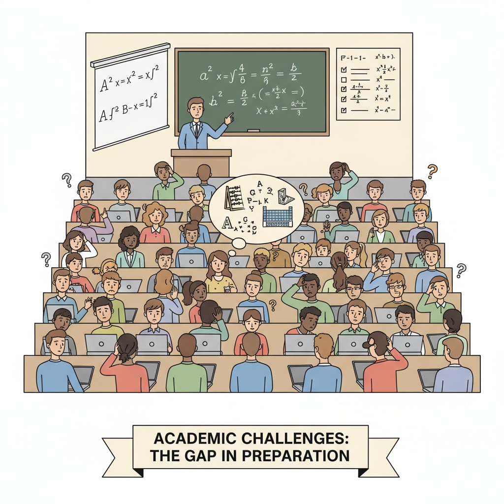 A picture of students in a college lecture hall with confused expressions, indicating the struggle they may face due to lack of proper academic preparation from low-standard high schools. College students facing difficulties due to insufficient academic rigor in high school and the need for external exams