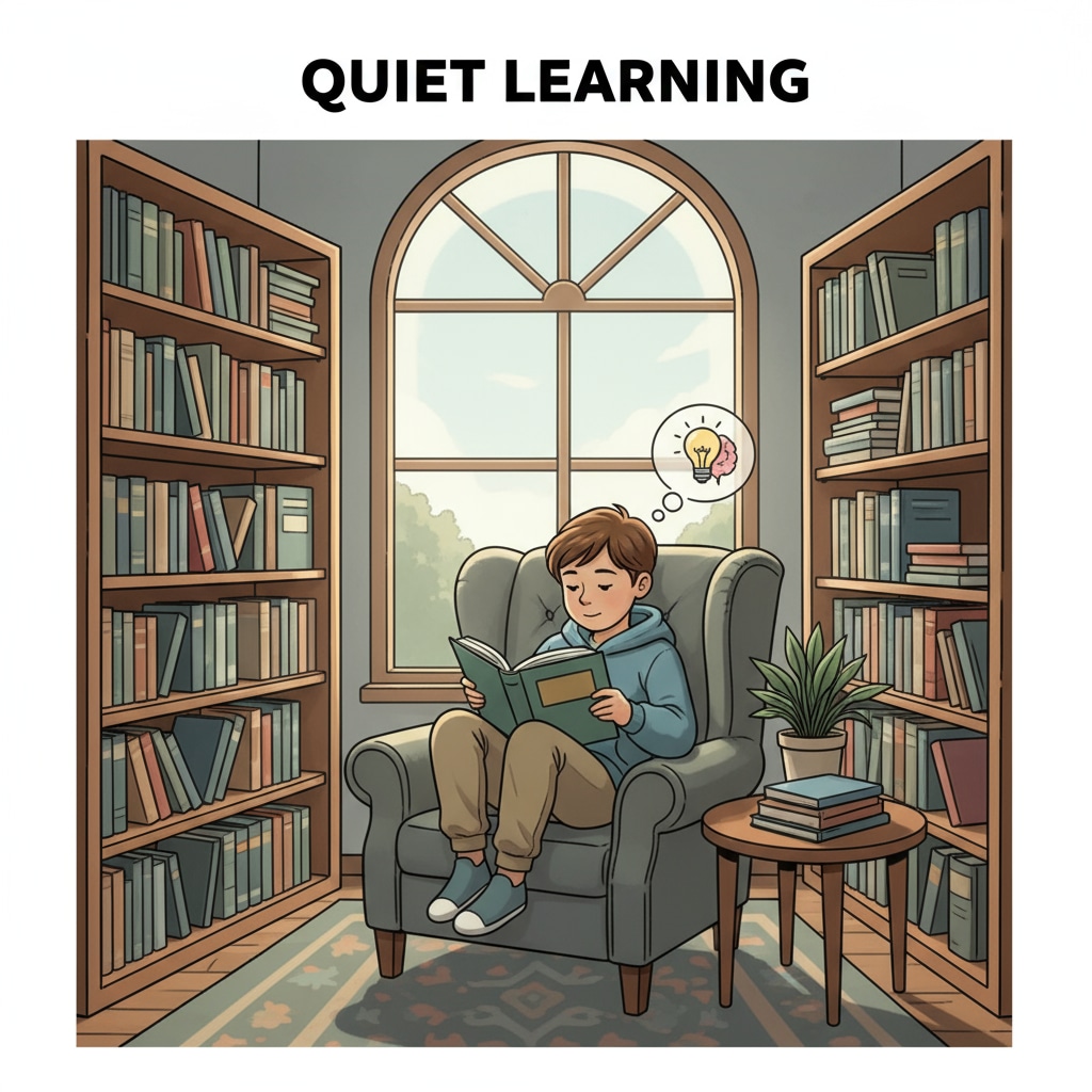 An introverted child in a school library for educational choice consideration