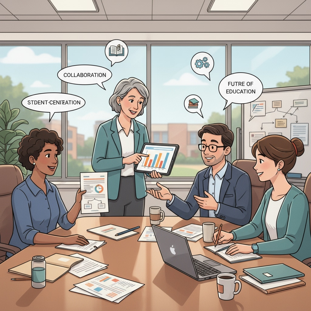 A group of teachers and a principal are engaged in a discussion in a meeting room, with papers and laptops on the table, representing their interaction regarding education policies. Teachers and principal discussing education accountability and school leadership in the context of education policy reform
