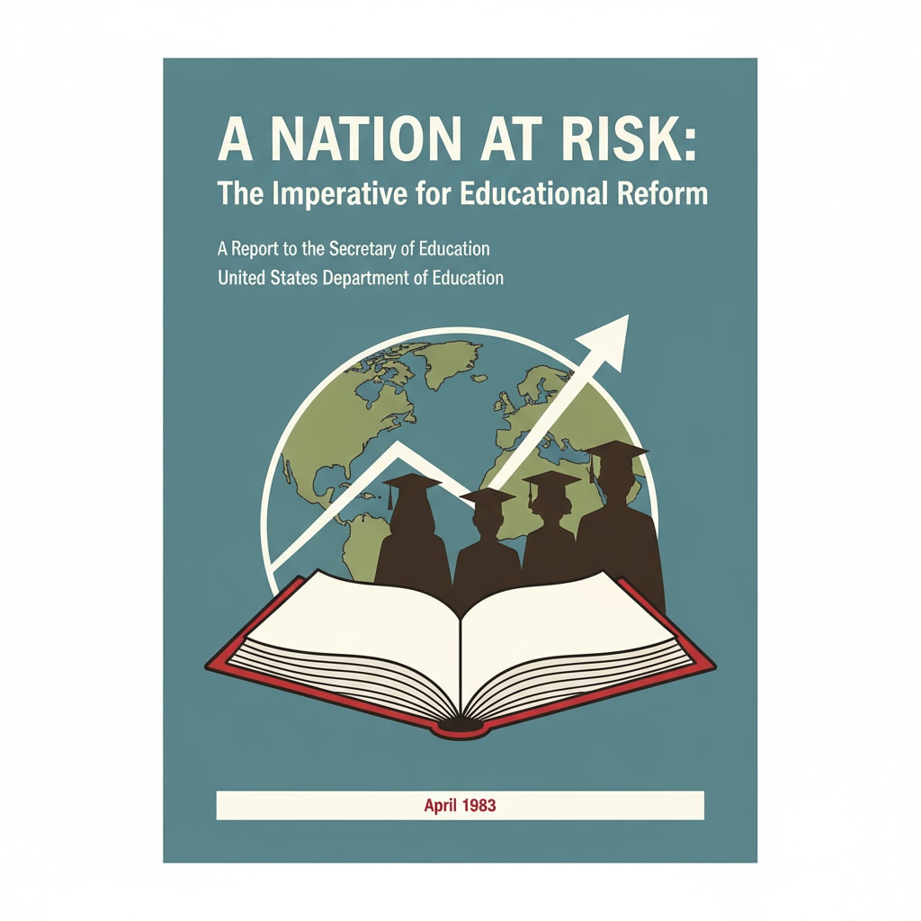 The cover of the 'A Nation at Risk' report, showing the title and relevant details, marking the beginning of significant education accountability efforts in the US. The cover of the 'A Nation at Risk' report related to education accountability, school leadership, and education policy reform