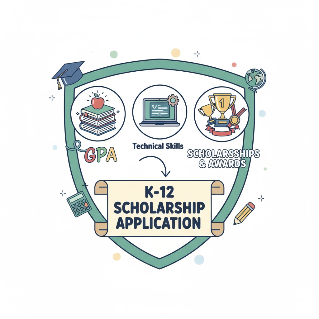 Graphic showing elements related to GPA, scholarships, and technical skills in K12 applications