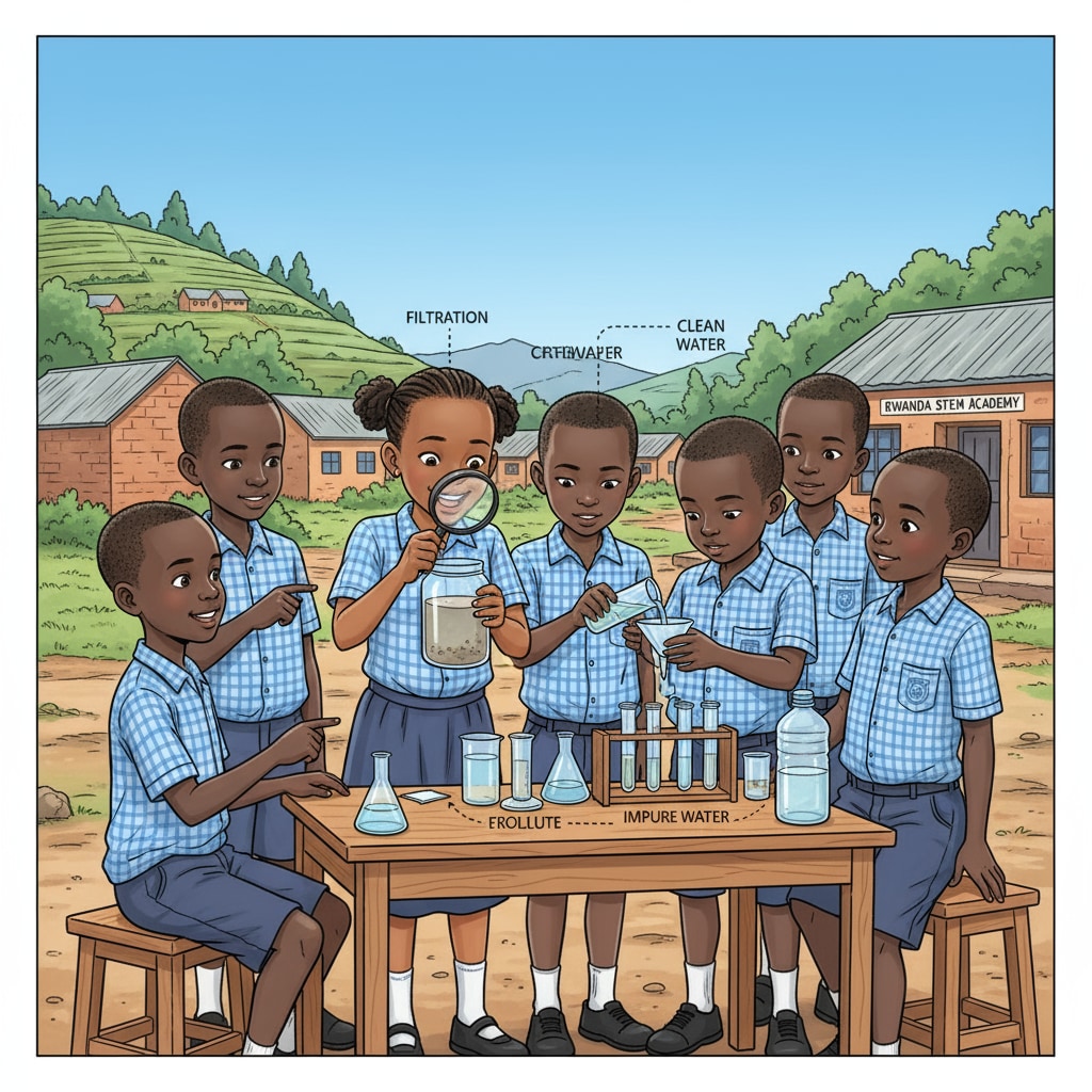 Children in rural Rwanda engaged in a water experiment during a STEM project