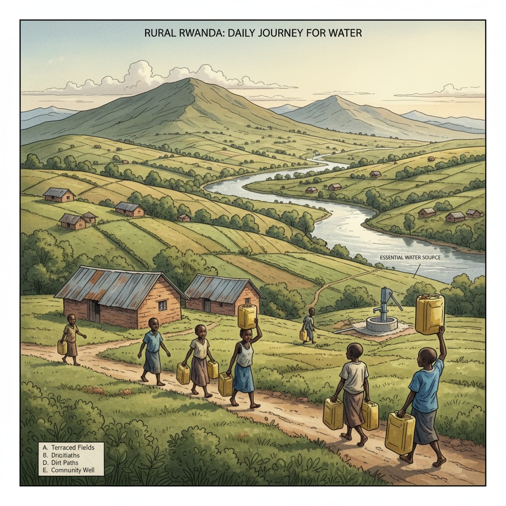 Rural Rwandan landscape with a water source in the distance