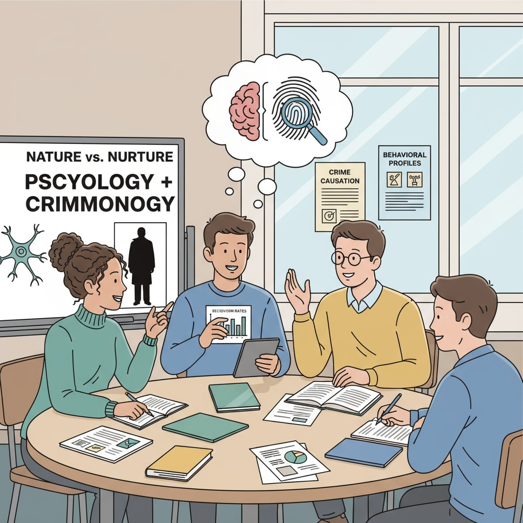 Students discussing psychology and criminology in a classroom