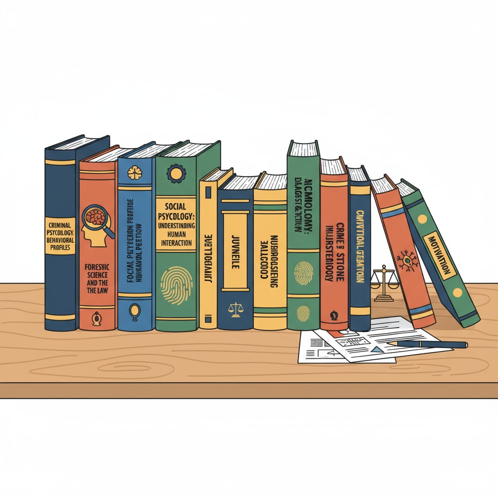 Books on psychology and criminology on a table