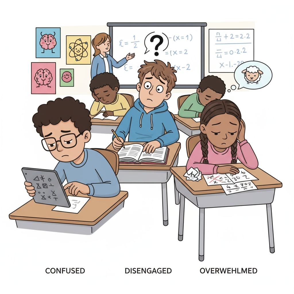 Classroom scene showing academic struggles in K12 related to student failure and its impact on higher education