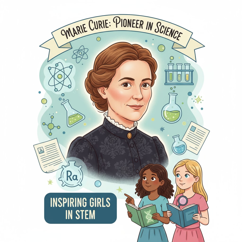 A portrait of Marie Curie, a famous female scientist inspiring girls in STEM Marie Curie, an inspiration for girls in STEM education