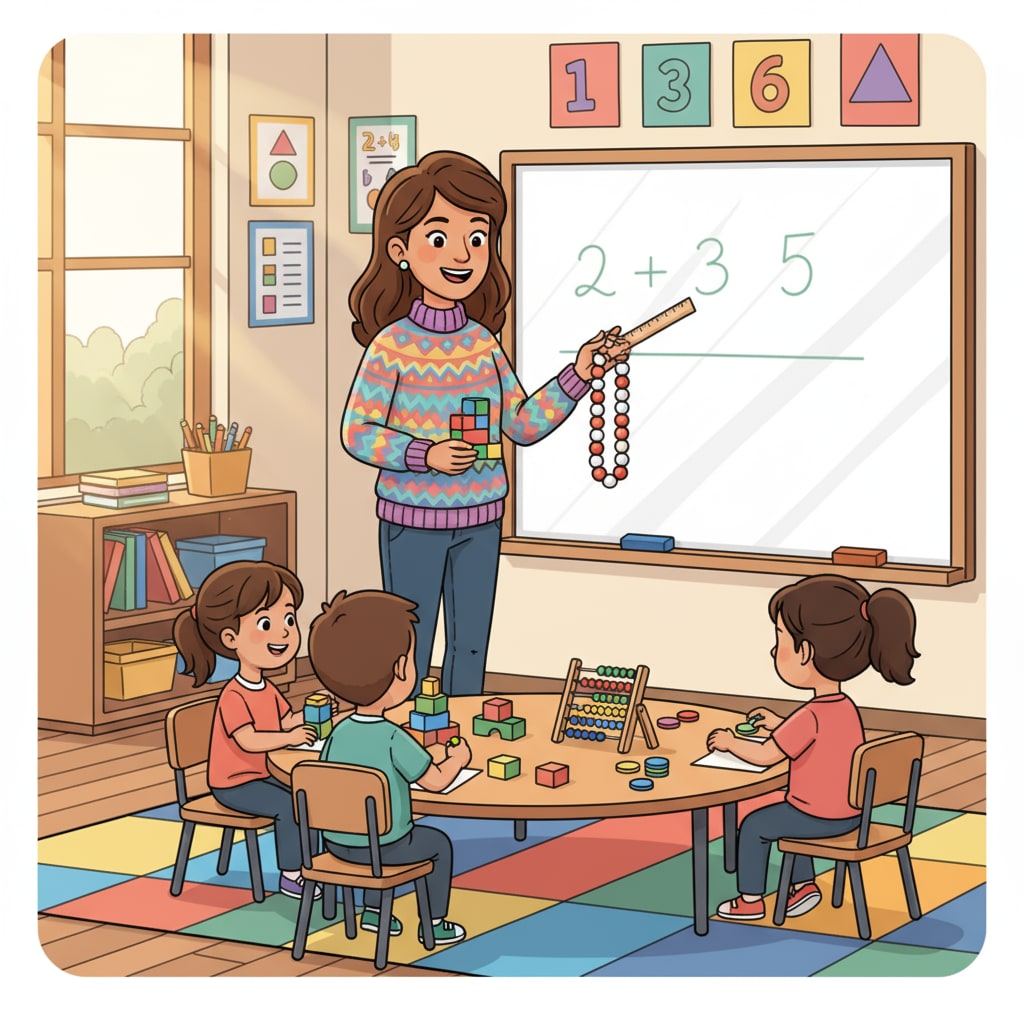 An elementary school math teacher is using manipulatives like blocks and counting beads to teach basic math concepts to young students. Elementary school math teaching scene relevant to career planning and education level choice
