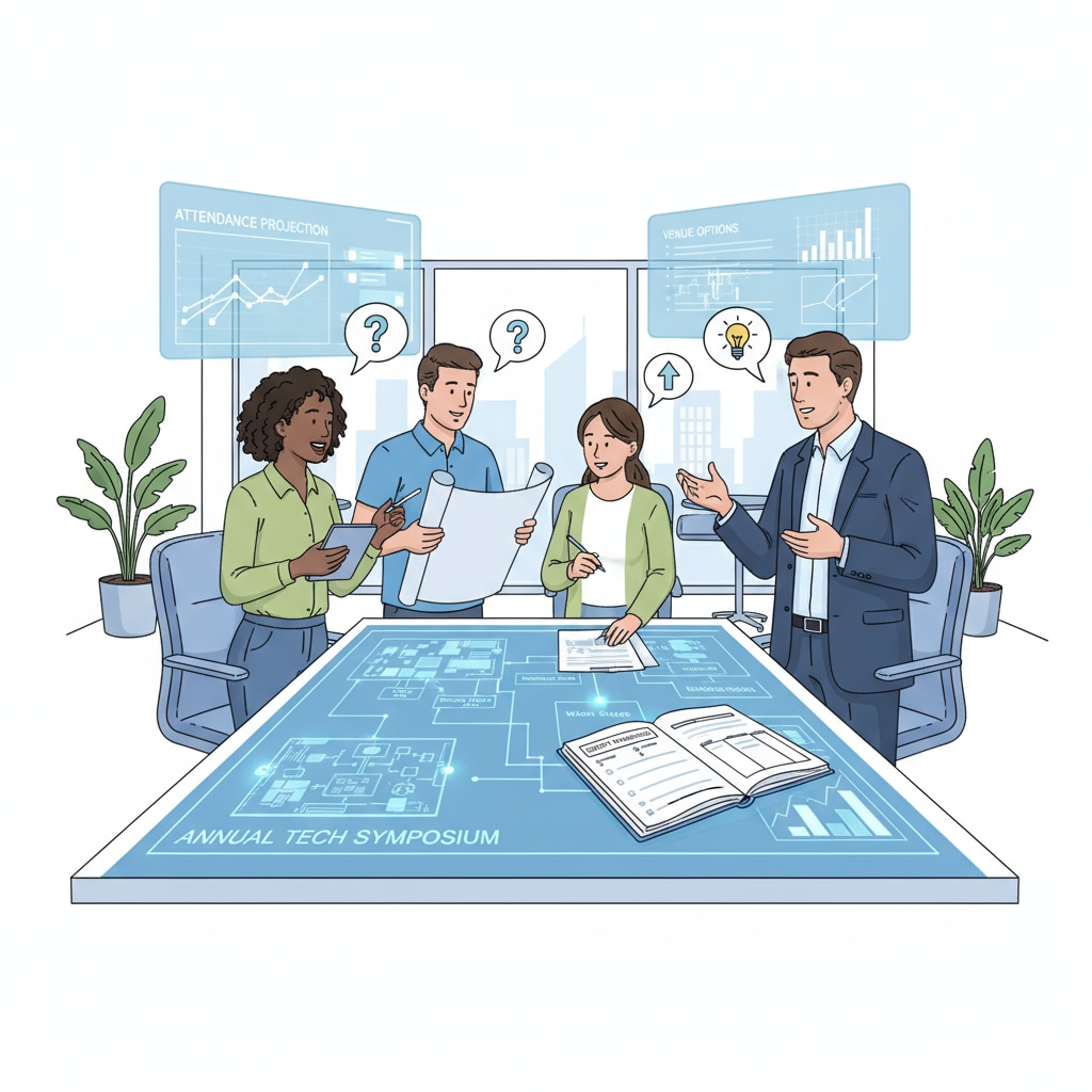 People collaborating on event plan in office related to event industry education and communication degree