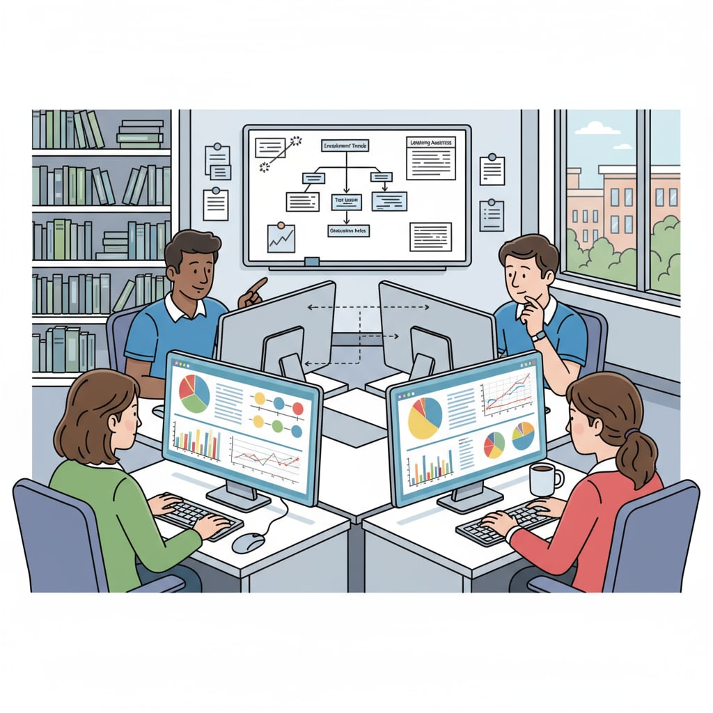Students analyzing education data for better teaching evaluation in a master's program