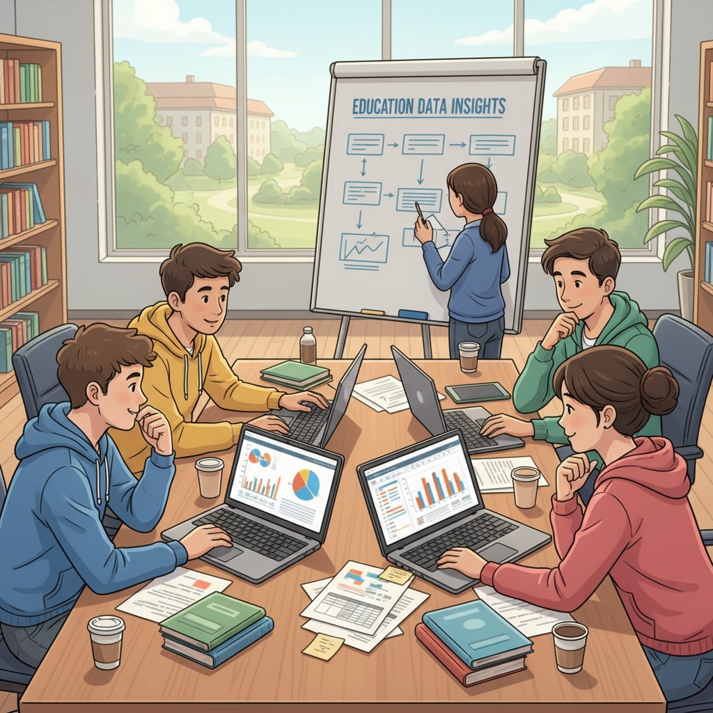 Students collaborating on an education data analysis project as part of a master's program for teaching evaluation improvement