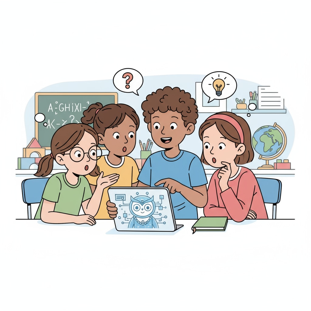 A group of children are looking at an AI-generated avatar on a tablet, showing their curiosity. Children looking at an AI avatar with curiosity, related to children's AI use and parents' concerns