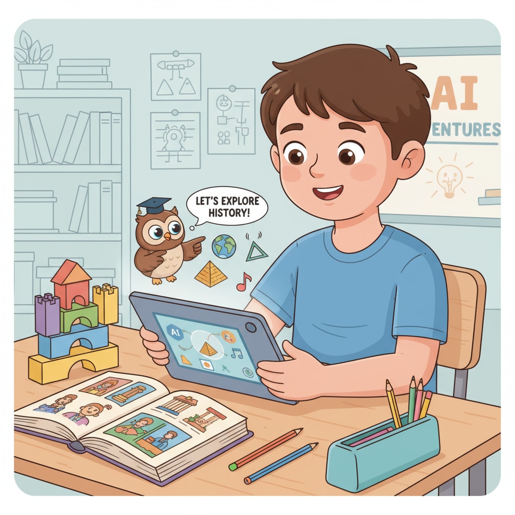 A child is engaged in using an AI educational app on a tablet, demonstrating children's interaction with AI. A child using an AI educational app, relevant to children's AI use and parents' concerns