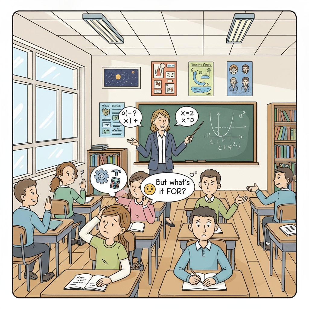 A classroom scene where students are listening to the teacher, but some seem a bit lost, as if wondering about the practical use of the knowledge being taught. A classroom scene highlighting the disconnect between school education content and real life practicality in the context of academic assessment.