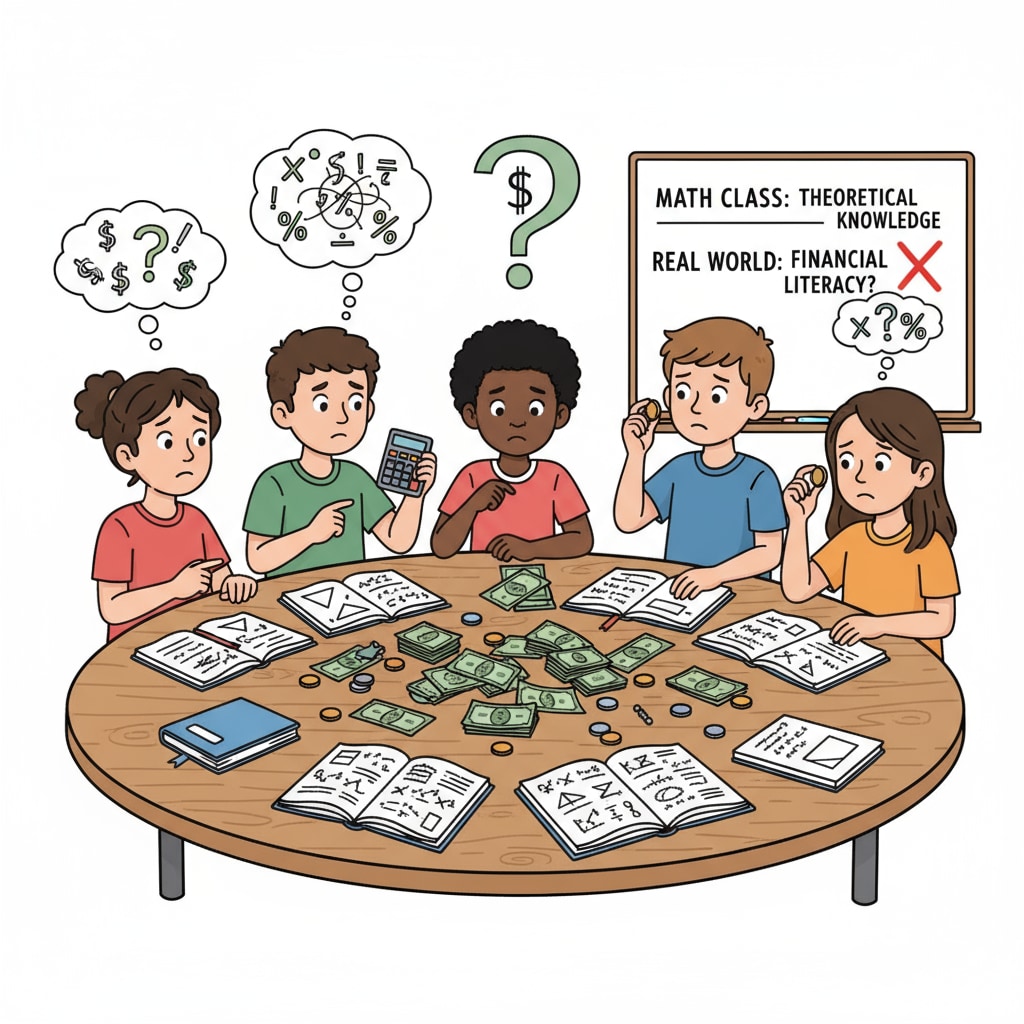 Students are gathered around a table, looking at bills and coins, with confused expressions as they try to figure out financial calculations, demonstrating the lack of practical application of school - learned math knowledge. Students struggling with financial calculations, showing the gap between school education's practicality and real - world needs in the realm of academic assessment.