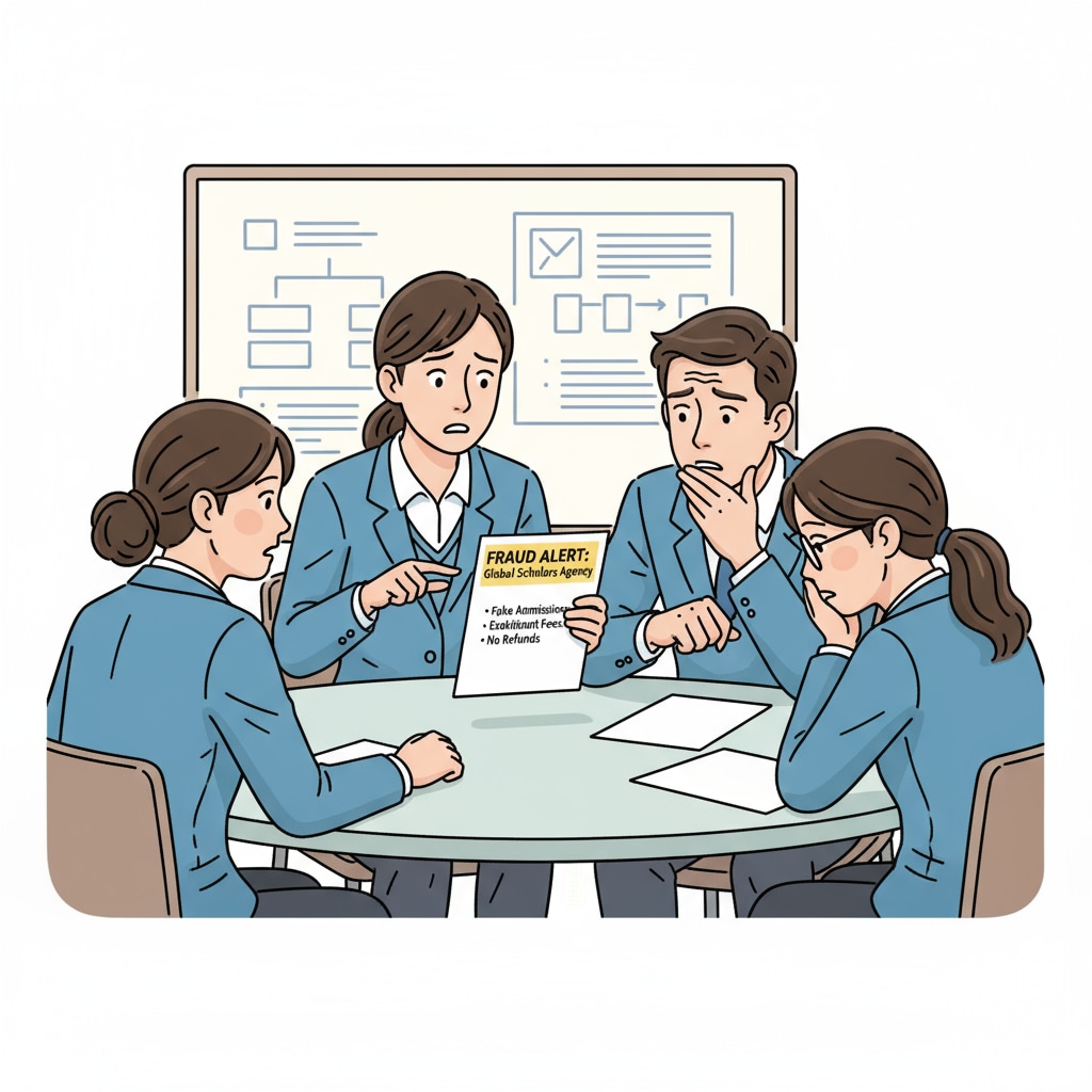 A group of students is seen looking worried as they discuss the issue of education agency fraud. One student is holding a piece of paper with what seems to be information about a fraudulent agency. Students discussing education agency fraud, university admissions, and potential financial losses