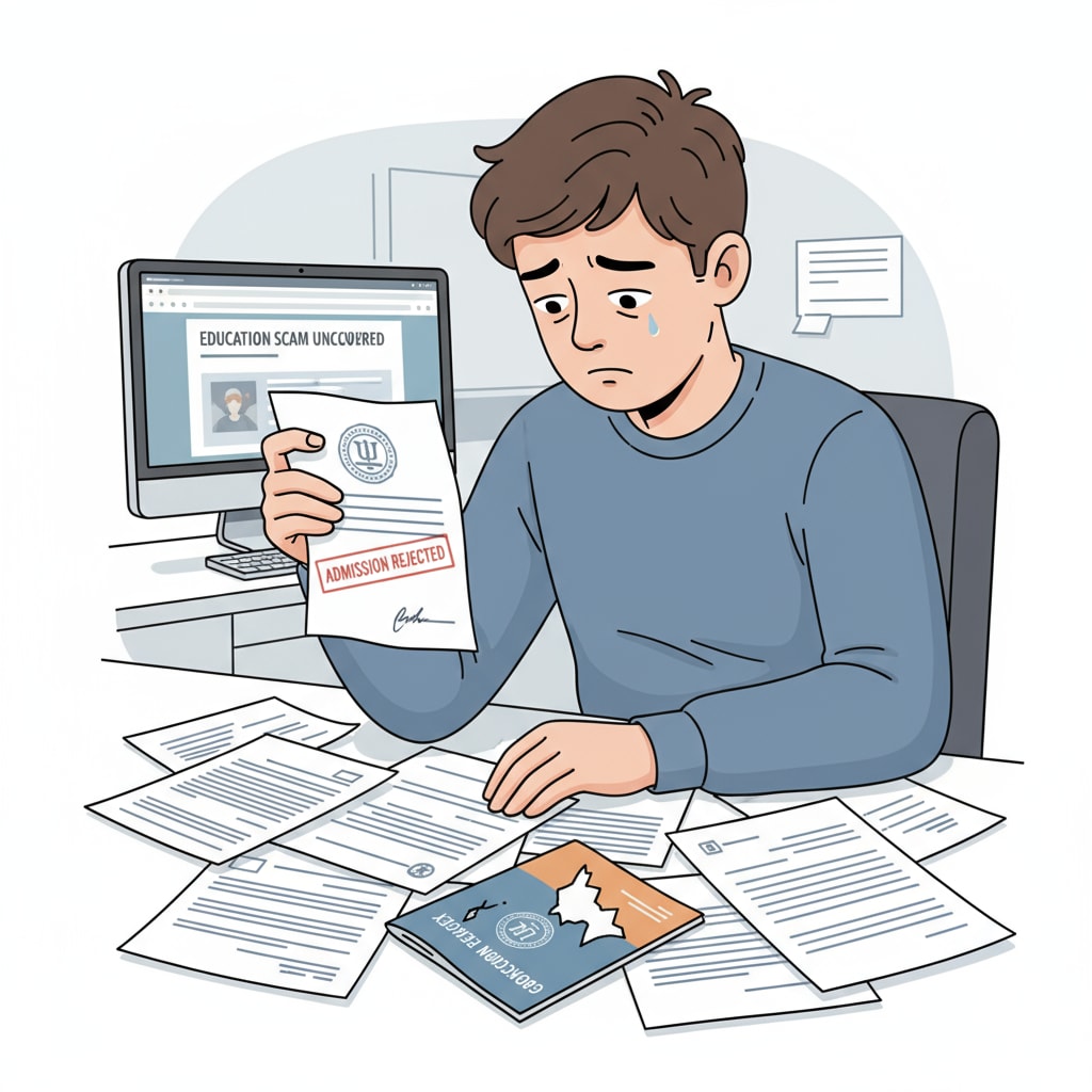 A student is shown holding a rejected university admission letter with a sad expression. There are papers scattered around, indicating the chaos caused by the education agency fraud. Student with a rejected university admission letter due to education agency fraud and potential financial losses