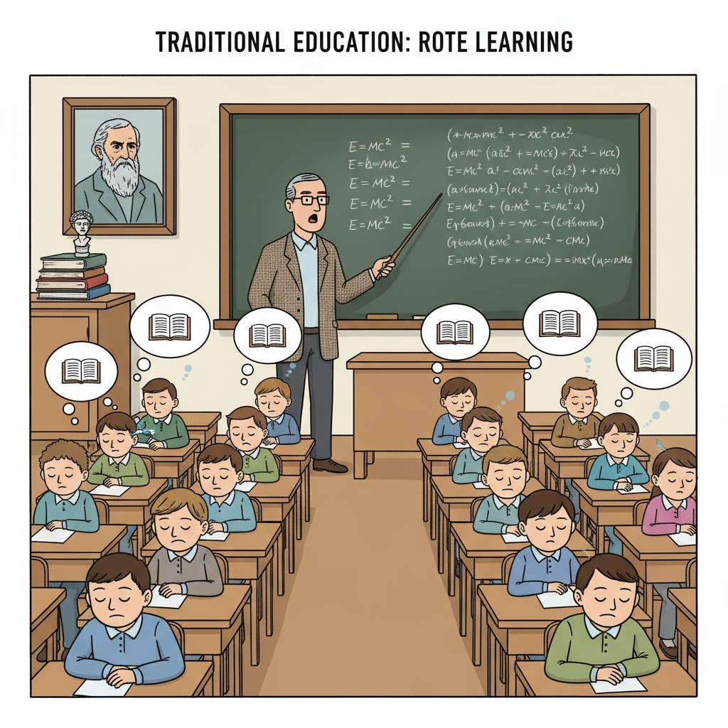 A classroom scene highlighting the traditional teaching method related to the K12 educational system, teaching methods, and lack of critical thinking development.