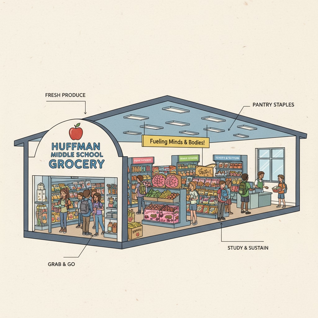 A view of Huffman Middle School's on-campus grocery store filled with students and various products Huffman Middle School on-campus grocery store in Alabama filled with students and products