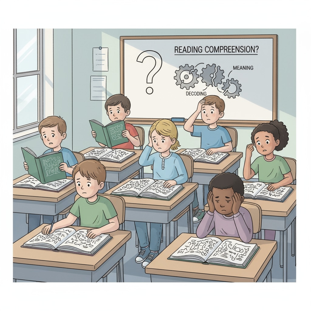 Classroom scene with students struggling to read, highlighting functional illiteracy and education - related reading comprehension problems