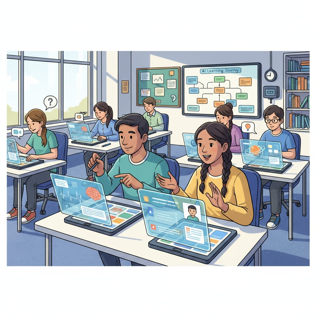 Students using interactive AI textbooks in a classroom