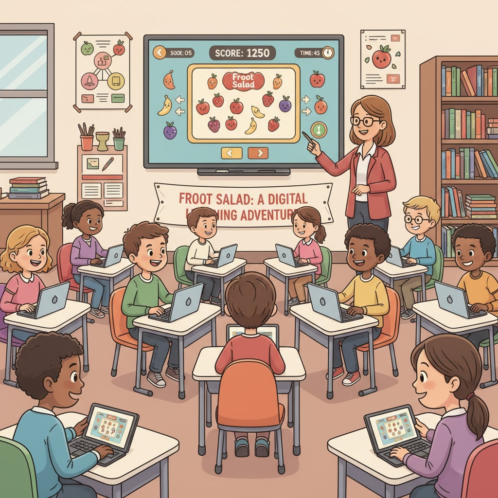 Students enjoying the Froot Salad logic puzzle game in the classroom, an educational activity